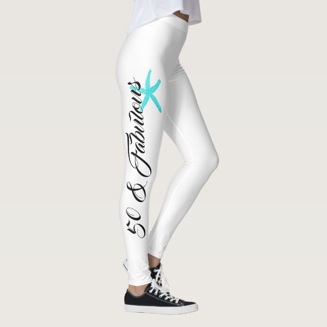 50 & Fabulous Black White Teal Blue Starfish Coola Leggings (Höger)