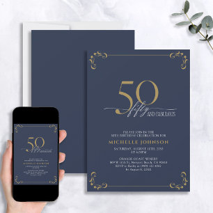 50 & Fabulous Blue & Guld Calligraphy Birthday Inbjudningar