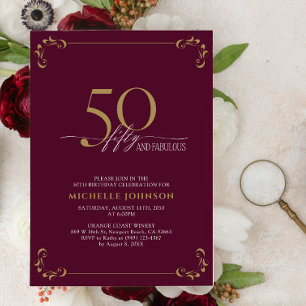 50 & Fabulous Burgundy White & Guld Birthday Inbjudningar