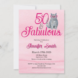 50 & Fabulous Cat, Rosa and Grått, 50:e födelsedag Inbjudningar