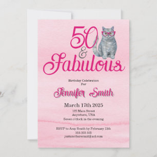 50 & Fabulous Cat, Rosa and Grått, 50:e födelsedag Inbjudningar
