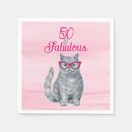 50 & Fabulous Cat, Rosa and Grått, 50:e födelsedag Pappersservett