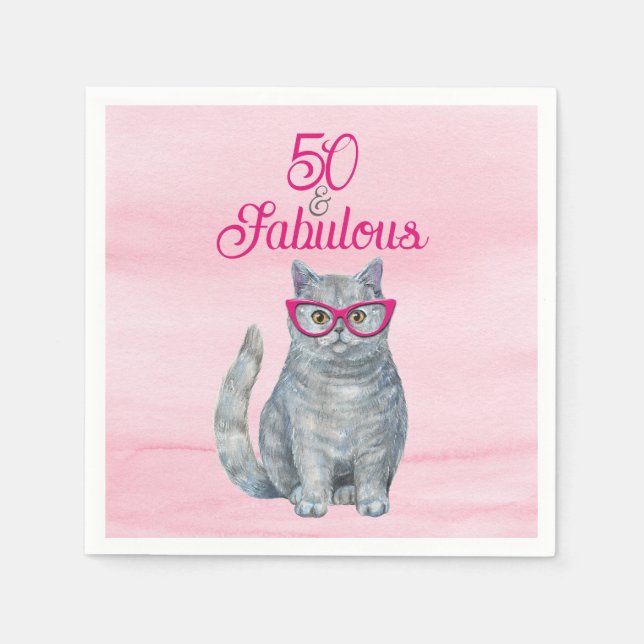 50 & Fabulous Cat, Rosa and Grått, 50:e födelsedag Pappersservett (Framsidan)