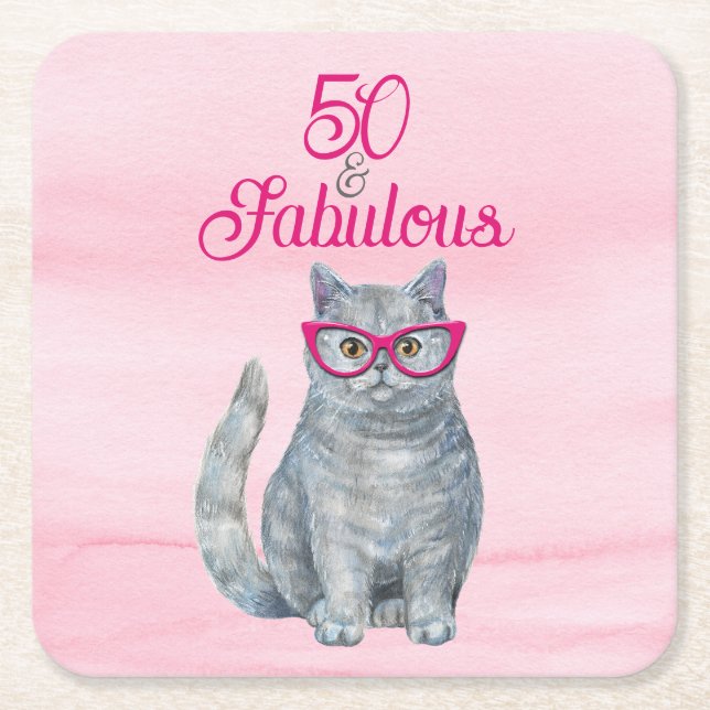 50 & Fabulous Cat, Rosa and Grått, 50:e födelsedag Underlägg Papper Kvadrat (Framsidan)