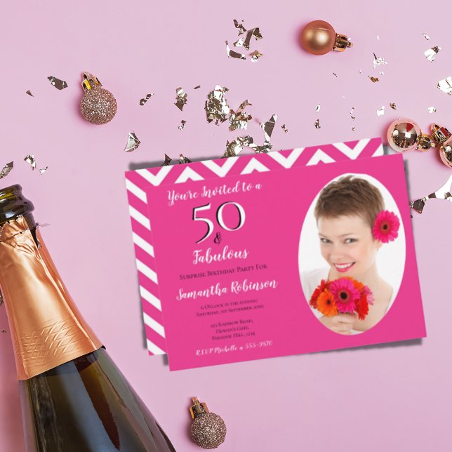 50 & Fabulous Customized Photo Rosa White Chevron Inbjudningar (Skapare uppladdad)