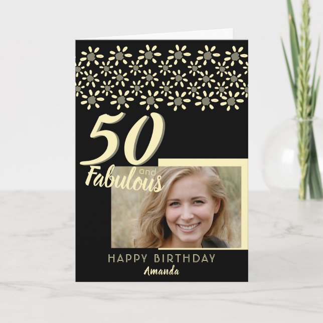 50 & Fabulous Daisy Flower Watercolor Black Photo Kort (Framsida)