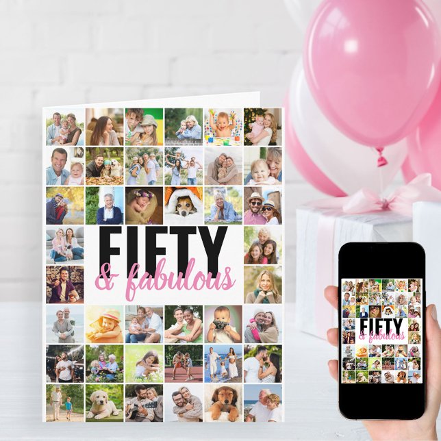 50 & Fabulous Editable Big Photo Collage Birthday Kort (Skapare uppladdad)