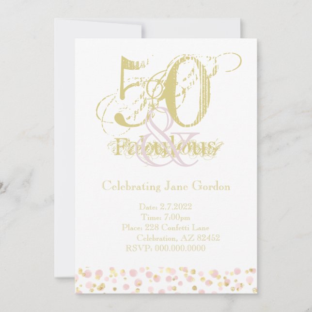 50 & Fabulous Elegant Birthday Confetti Rosa Guld Inbjudningar (Framsida)