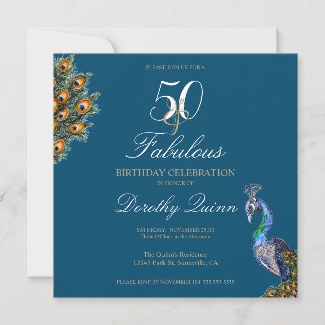 50 & Fabulous Elegant Watercolor Peacock Birthday Inbjudningar (Framsida)