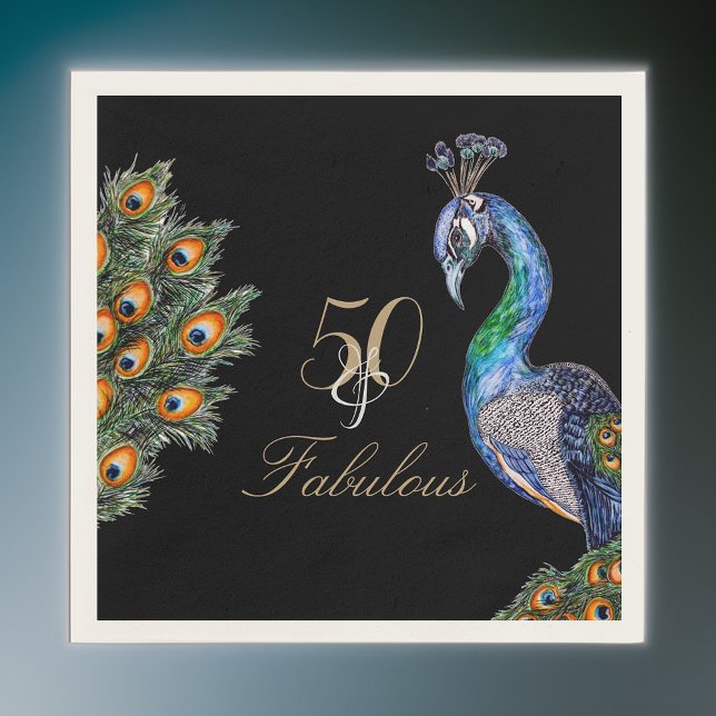 50 & Fabulous Elegant Watercolor Peacock Birthday Pappersservett (Skapare uppladdad)
