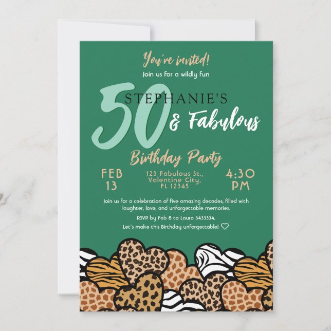 50 & Fabulous Emerald Vild Hearts 50 Birthday Inbjudningar (Framsida)