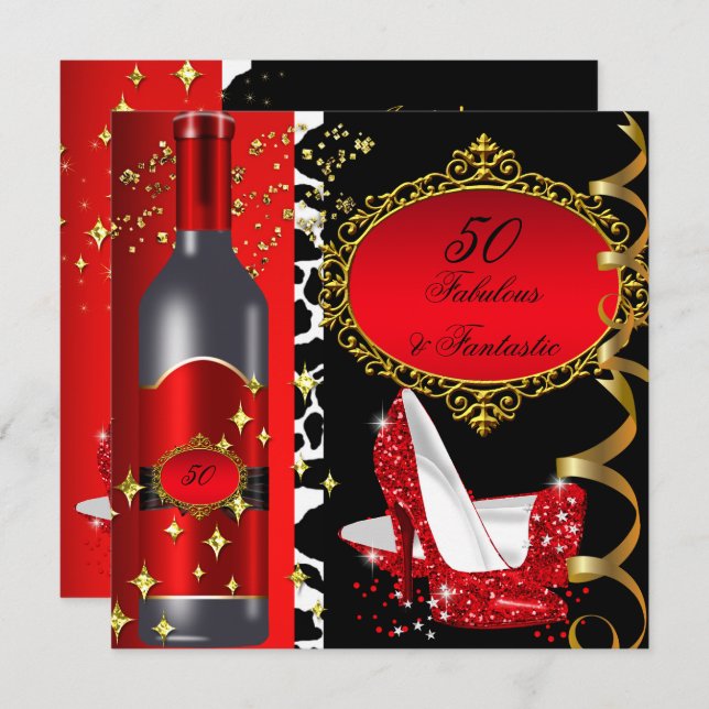 50 & Fabulous Fantastic Red Black Guld Birthday 2 Inbjudningar (Fram/baksida)