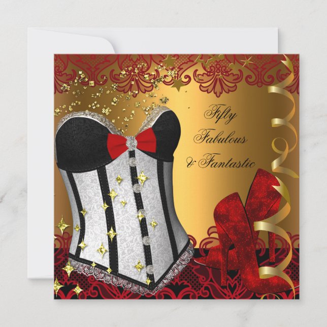 50 & Fabulous Fantastic Red Black Guld Birthday Inbjudningar (Framsida)