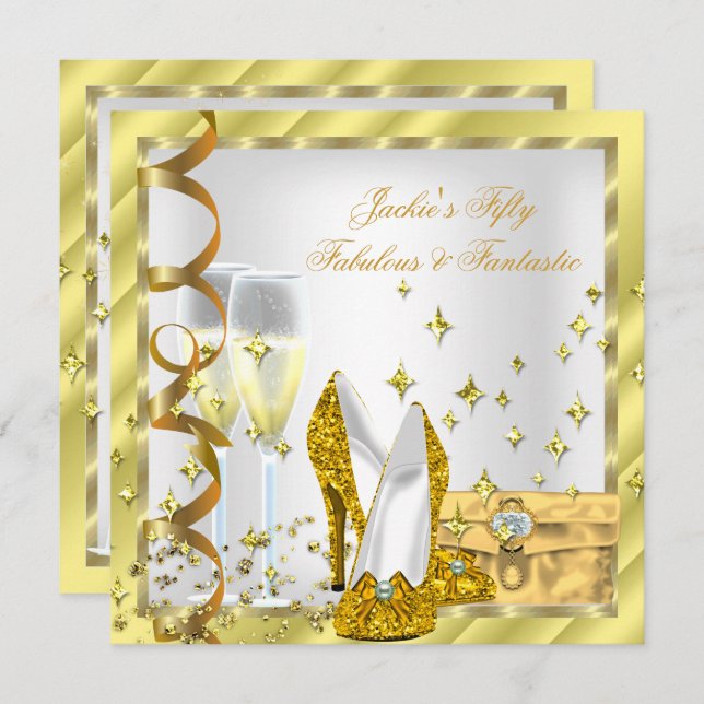 50 & Fabulous Fantastic White Gult Guld Birthday Inbjudningar (Fram/baksida)