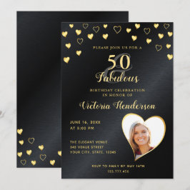 50 & Fabulous Faux Black Metallic & Guld Birthday Inbjudningar