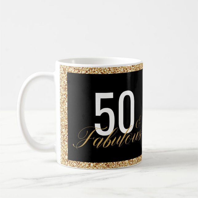 50 & Fabulous Faux Glitter Birthday Kaffemugg (Vänster)