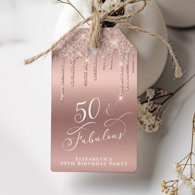 50 Fabulous Födelsedagsfest Ro Guld Glitter Presentetikett (Skapare uppladdad)