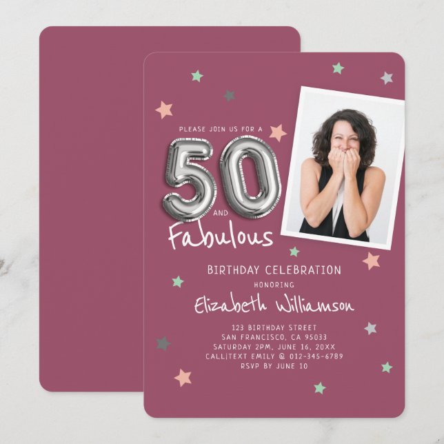 50 & Fabulous Foil Balloon Stars Photo Birthday Inbjudningar (Fram/baksida)