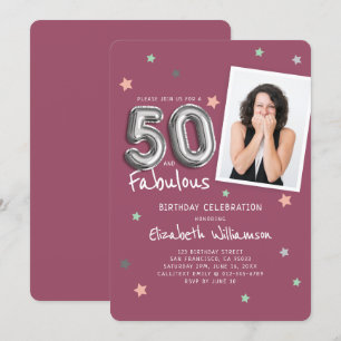 50 & Fabulous Foil Balloon Stars Photo Birthday Inbjudningar