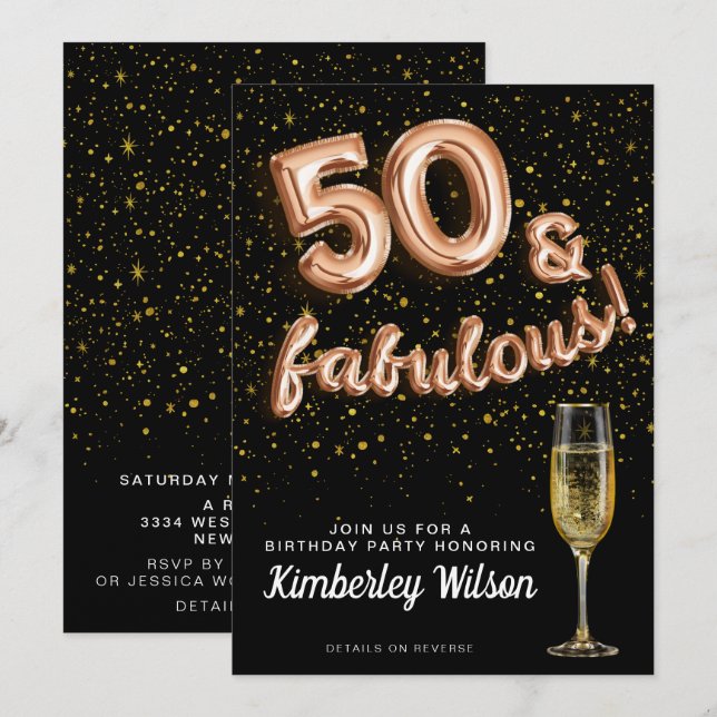 50 & Fabulous Glitter Black Ro Guld-ballongen Inbjudningar (Fram/baksida)