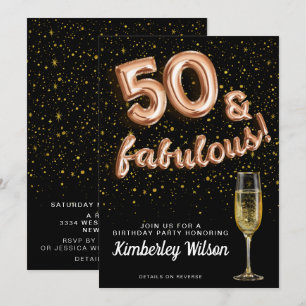 50 & Fabulous Glitter Black Ro Guld-ballongen Inbjudningar