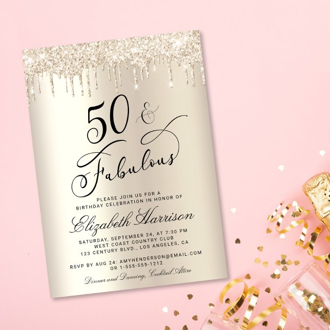 50 Fabulous Glitter Champagne Guld Födelsedagsfest Inbjudningar (Celebrate her 50 years of sparkle with an elegant gold glitter birthday party invitation  🎉 🎂 🥂)