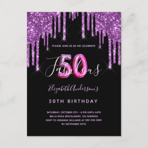 50 & Fabulous glitter drop Black lila-inbjudan Vykort