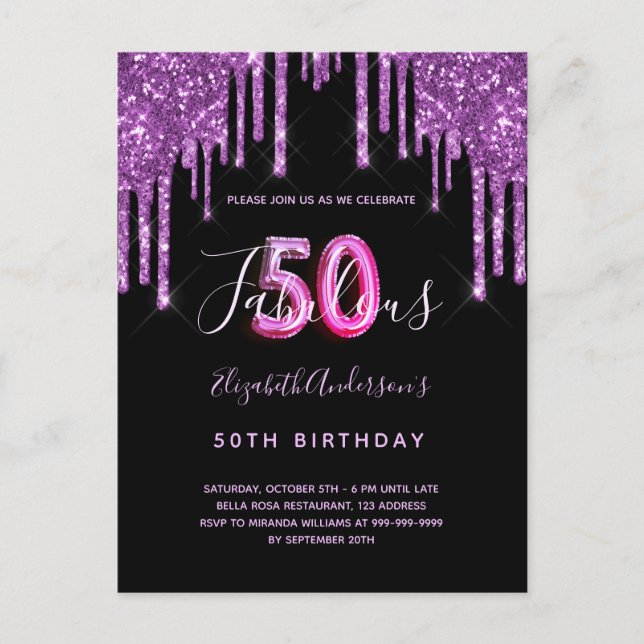 50 & Fabulous glitter drop Black lila-inbjudan Vykort (Framsida)