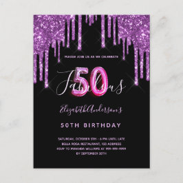 50 & Fabulous glitter drop Black lila-inbjudan Vykort
