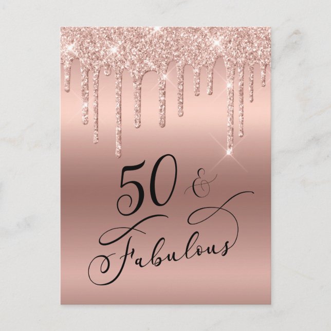 50 Fabulous Glitter Ro Guld Födelsedagsfest Inbjudan Vykort (Framsida)