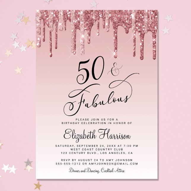 50 Fabulous Glitter Ro Guld Rosa Födelsedagsfest Inbjudningar (Celebrate her 50 years of sparkle with an elegant glitter birthday party invitation )