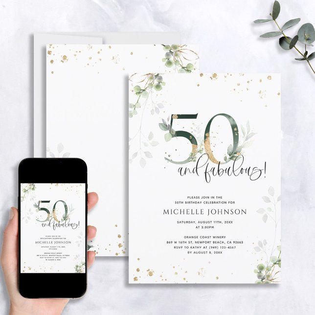 50 & Fabulous Grönt Guld Botanical Birthday Inbjudningar (Skapare uppladdad)