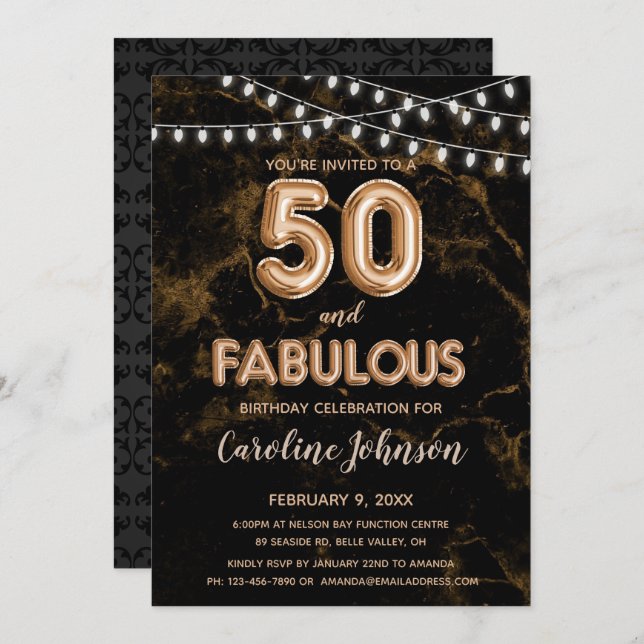 50 & Fabulous Guld Balloon Birthday-inbjudningar Inbjudningar (Fram/baksida)