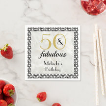 50 & Fabulous Guld & Black Marble Birthday Napkins