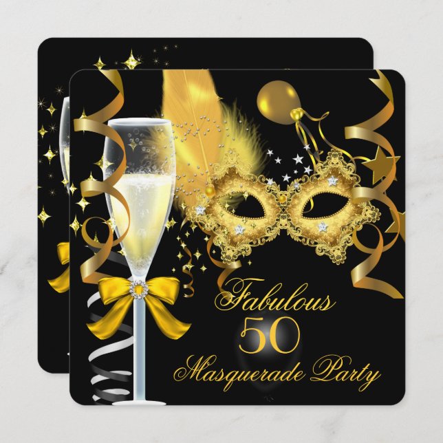 50 & Fabulous Guld Black Masquerad Party Inbjudningar (Fram/baksida)