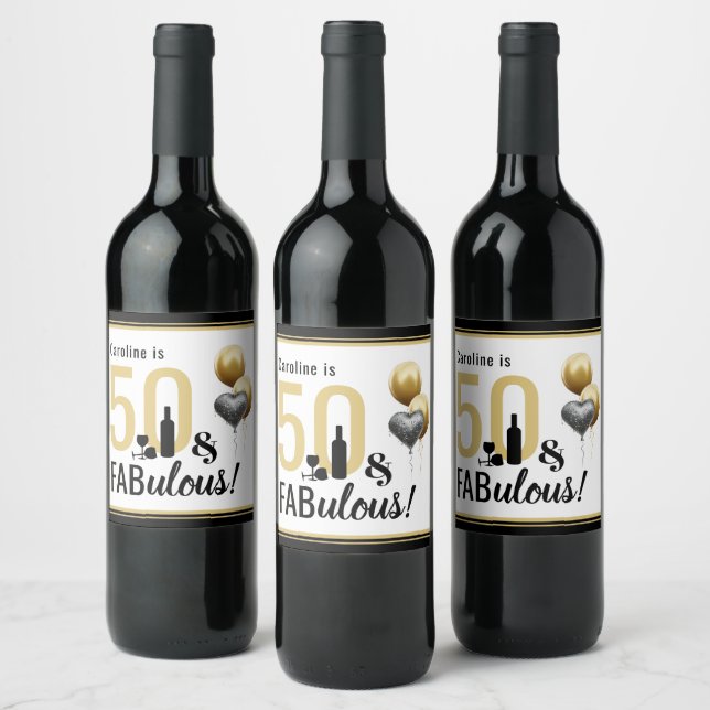 50 & Fabulous Guld & Black Modern Birthday Vinflaska Etikett (Flaskor)