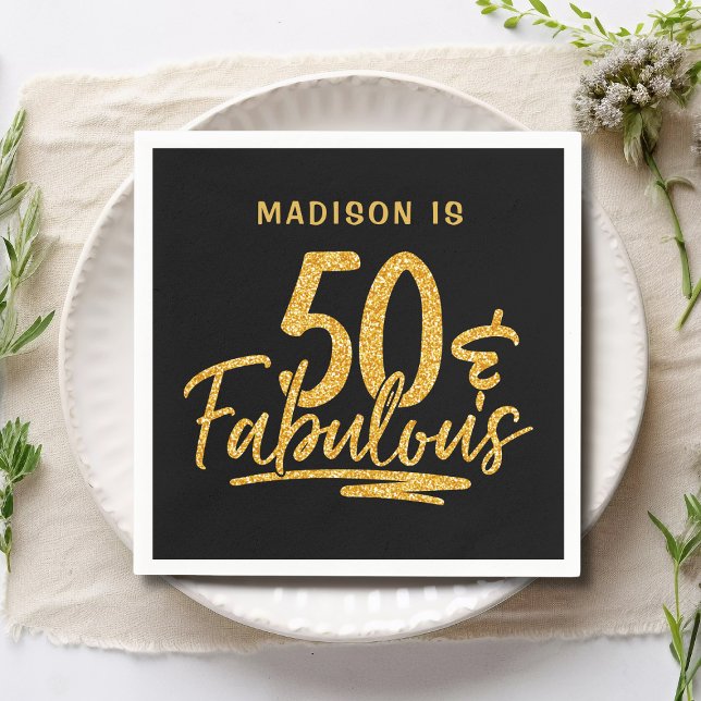 50 & Fabulous Guld Glitter 50:e födelsedagen Namn Pappersservett (Skapare uppladdad)