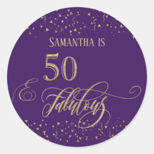 50 & Fabulous Guld Glitter confetti, djup Lila Runt Klistermärke