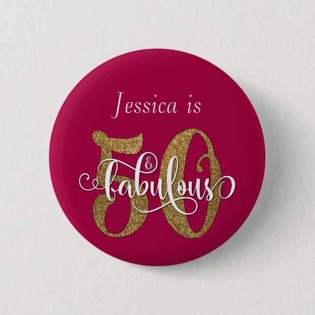 50 & Fabulous Guld Glitter Typography Raspberry Knapp (Framsida)