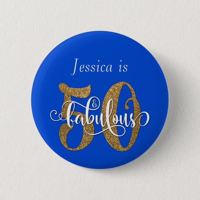 50 & Fabulous Guld Glitter Typography Royal Blue Knapp (Framsida)