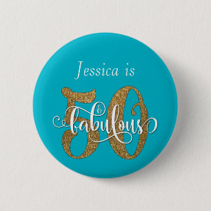 50 & Fabulous Guld Glitter Typography Scuba Blue Knapp