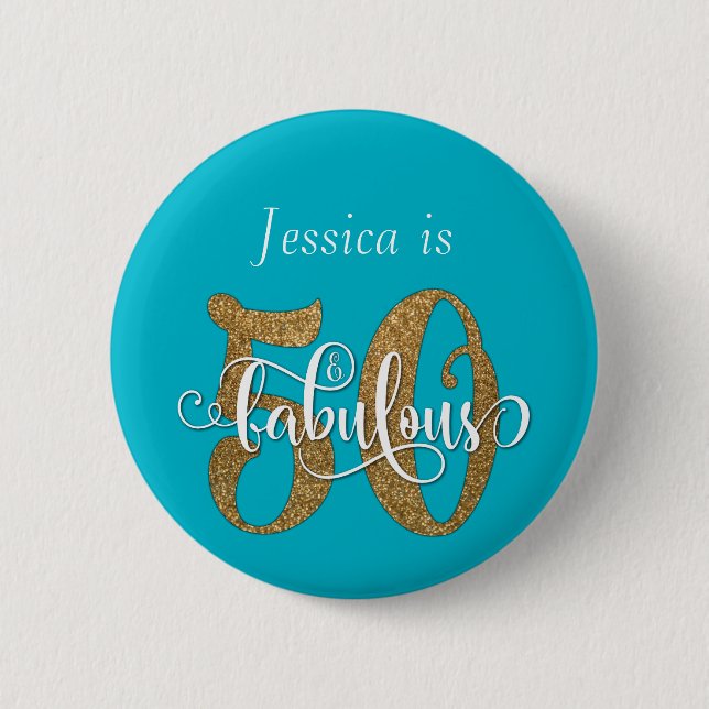 50 & Fabulous Guld Glitter Typography Scuba Blue Knapp (Framsida)