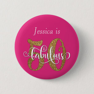 50 & Fabulous Guld Glitter Typography Shock rosa Knapp