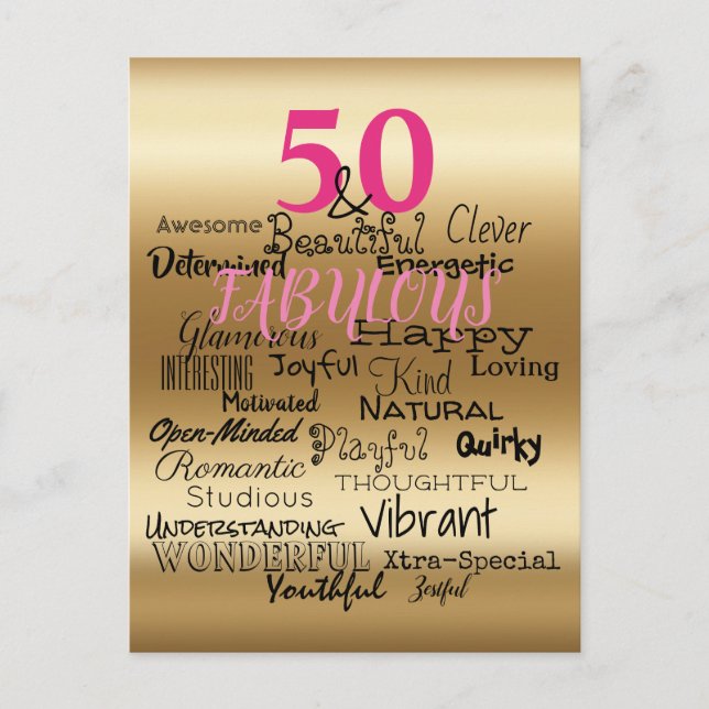 50 & Fabulous Guld Rosa Black Birthday Typography Inbjudan Vykort (Framsida)