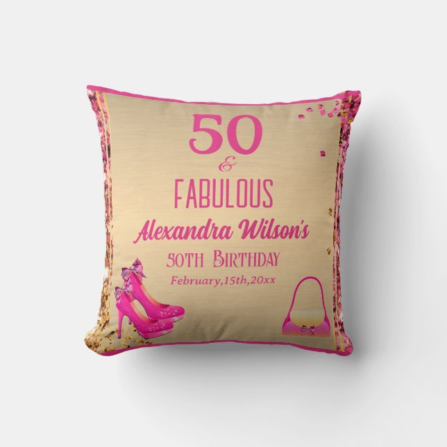 50 & Fabulous Guld Rosa Högklackars 50:e födelseda Kudde (Framsida)