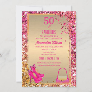 50 & Fabulous Högklackar Guld Rosa Glittery Glam Inbjudningar