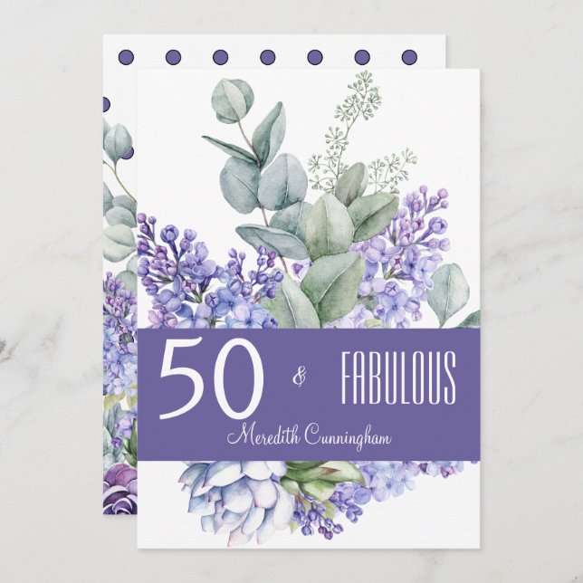 50 & Fabulous Lavender Blommigt Watercolor Inbjudningar (Fram/baksida)
