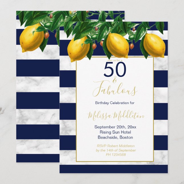 50 Fabulous Lemon Navy White Rand Marble Inbjudningar (Fram/baksida)