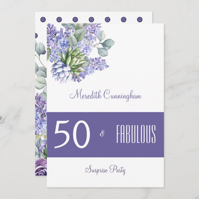 50 & Fabulous Lila Lilacs vattenfärgsinbjudan Inbjudningar (Fram/baksida)