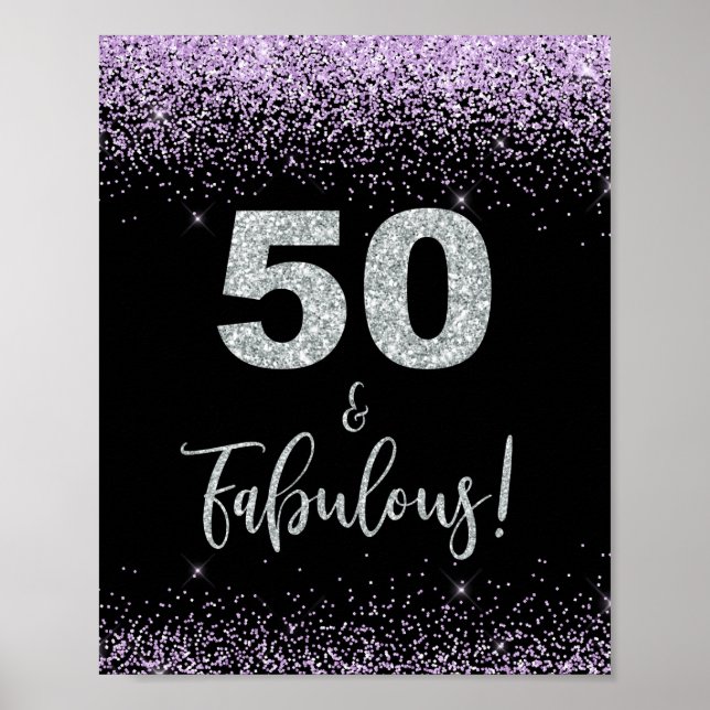 50 & Fabulous Lila & Silver Confetti Party Sign Poster (Framsidan)